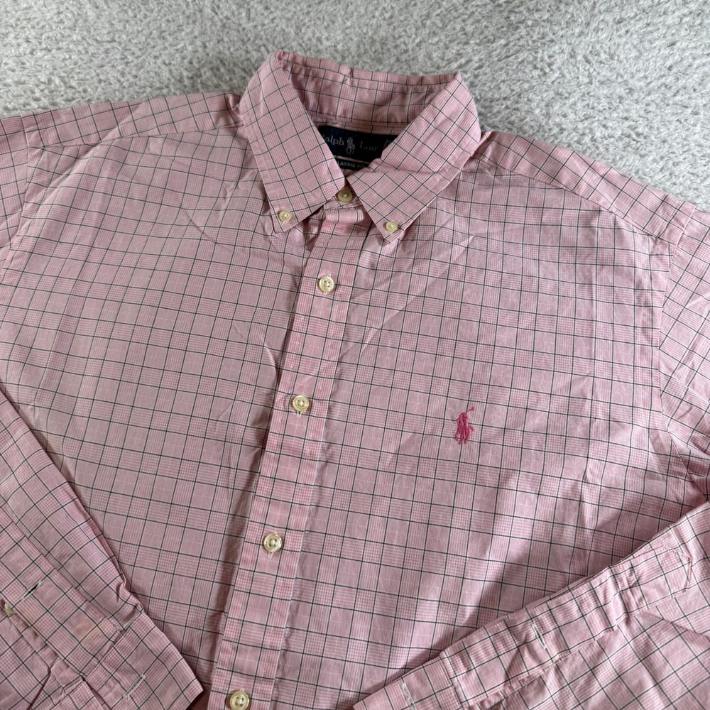 Ralph Lauren Button Down Mens 16.5 34/35 Pink Pony Tattersall Classic Fit